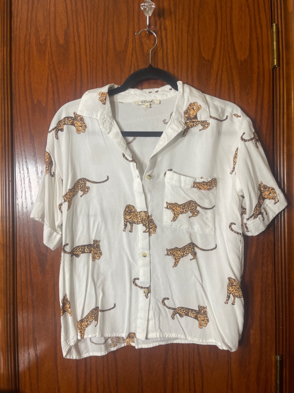Blush White Short-Sleeve Button-Down with Leopard Print